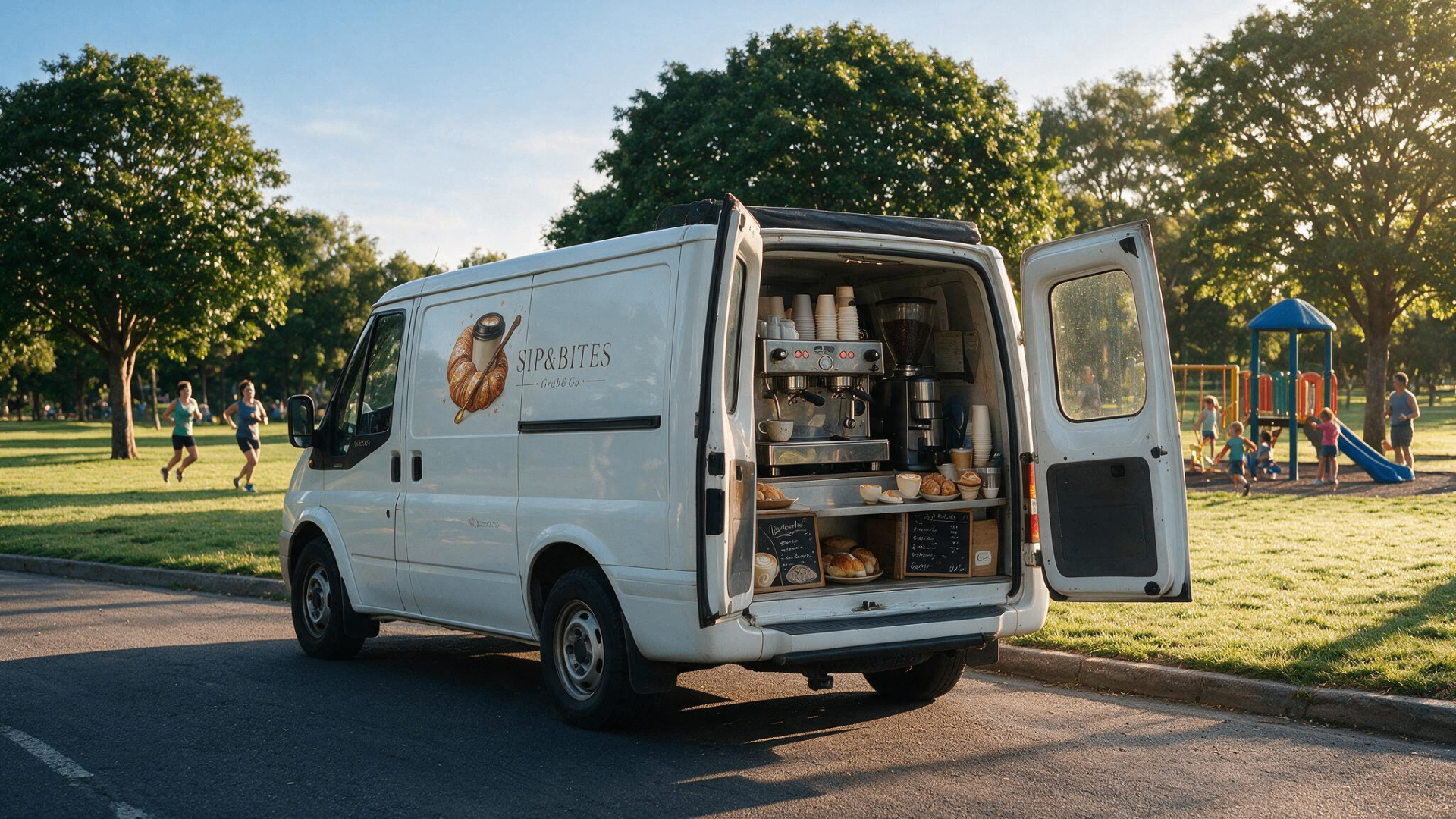 SIP&BITES.CAFE white coffee van parked beside a Melbourne park at golden hour, espresso machine and pastries on the counter