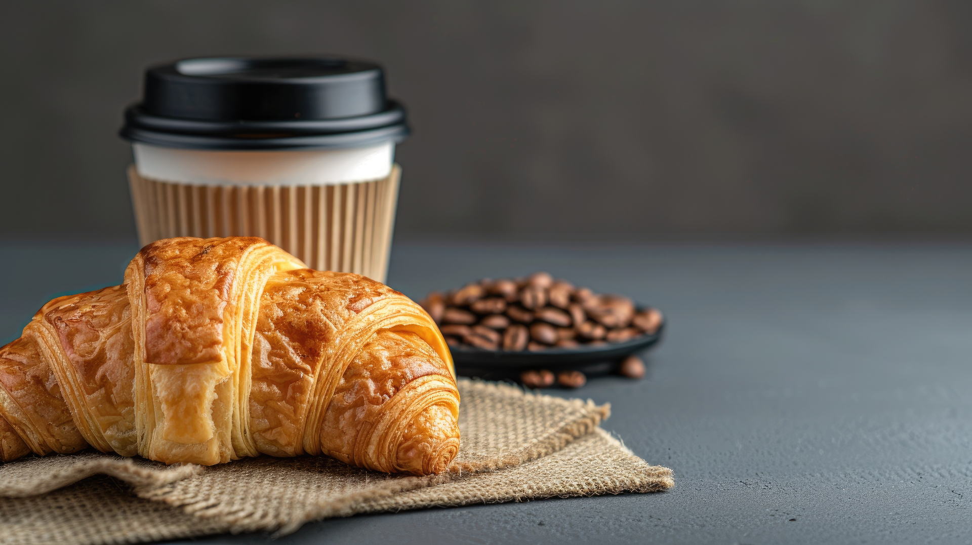 Freshly baked all-butter croissant beside a takeaway coffee cup and roasted coffee beans — SIP&BITES.CAFE Melbourne mobile cafe